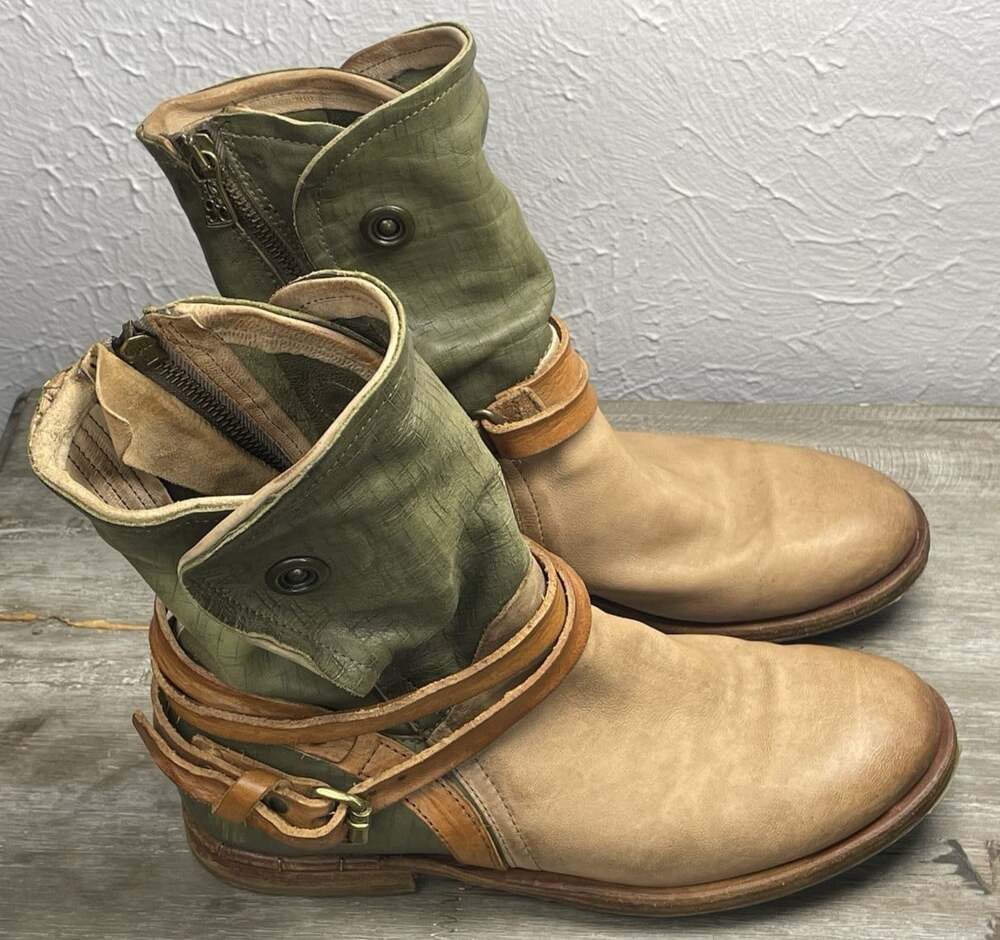 AS 98 x Free People Tyler Leather Boot 7.5 Distressed Boho Moto Olive & Tan Rare